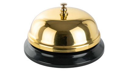 Polished gold bell with black base, shiny surface reflecting light. Traditional design, isolated
