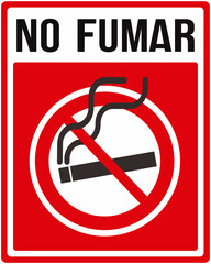 Sign in red color that says in spanish : no smoking. Smoking is prohibited 