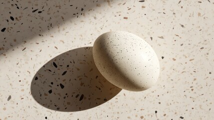 A speckled, oval object casts a shadow on a textured surface with light and dark flecks