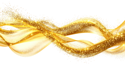 Elegant, flowing golden ribbons, sparkling with light, against a black background