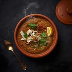 Bowl of Hot Haleem or Porridge with Fried Onions and Ginger - Popular South Asian Ramadan Dish