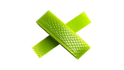 Two bright green, textured rectangles overlap in an X shape, set against a black backdrop
