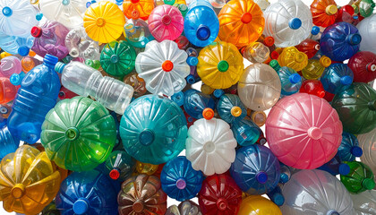 A vibrant overhead view of repurposed, colorful plastic bottles tightly arranged together