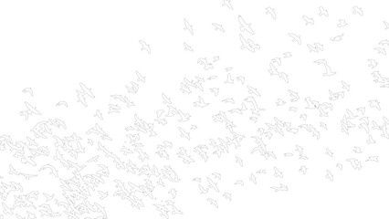 Obraz premium Scattered flock of flying birds vector outline illustration isolated on white background