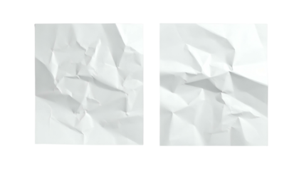 Two rectangular sheets of white paper, heavily crumpled, set against a black background