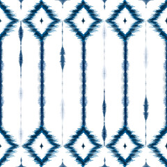 Ethnic ikat blue on white dye yarns weaving seamless pattern. Vector hand drawn craftsmanship embroidery bohemian, abstract square geographic art fabric ikat textile material design for clothing 
