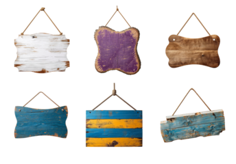 Old wooden board hanging on a rope on a pole isolated on transparent background
