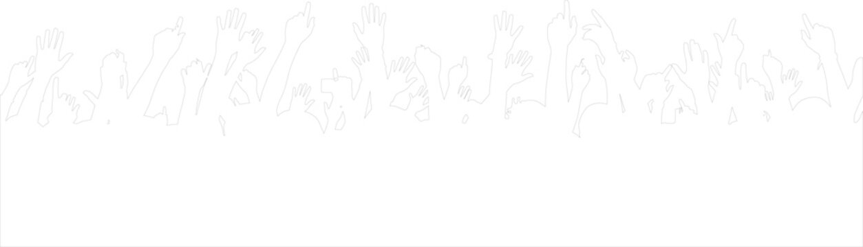 Minimalist line art vector border of diverse raised hands crowd cheering or voting outline drawing