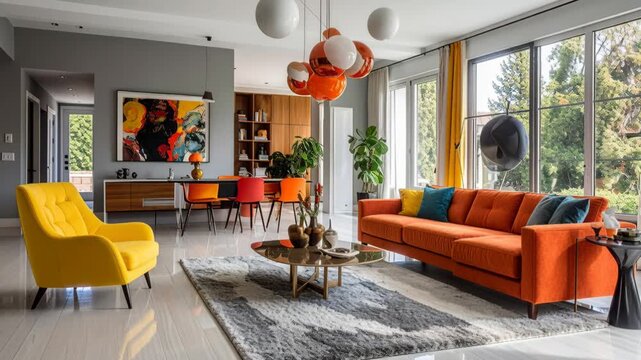 Spacious living room featuring mid century style furnishings, bright colors, and large windows.