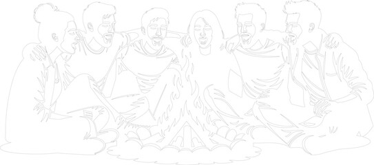 Obraz premium Friends around campfire laughing vector continuous line art outline drawing of six people camping group friendship bonding togetherness