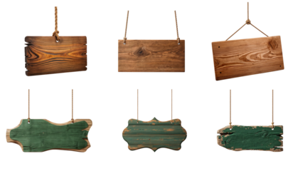 Old wooden board hanging on a rope on a pole isolated on transparent background