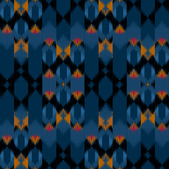 Ethnic ikat dark blue dye yarns weaving seamless pattern. Vector hand drawn craftsmanship embroidery bohemian, abstract square geographic art fabric ikat textile material design for clothing wallpaper