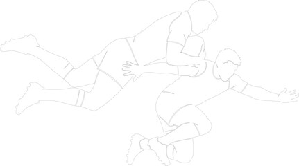 Dynamic vector outline illustration of two rugby players tackling minimalist sport action drawing