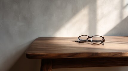 Minimal Wooden Table Background with Eyeglasses and Copy Space