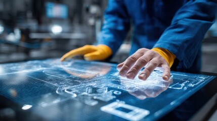 Engineer adjusting digital template on touch screen interface to customize cutting patterns demonstrating innovative technology in fabrication processes.