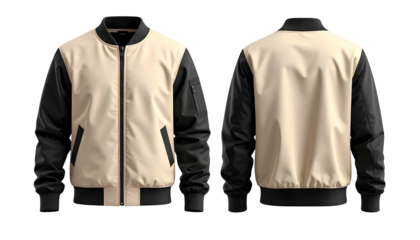 Front and back view of a beige and black bomber jacket against a black background