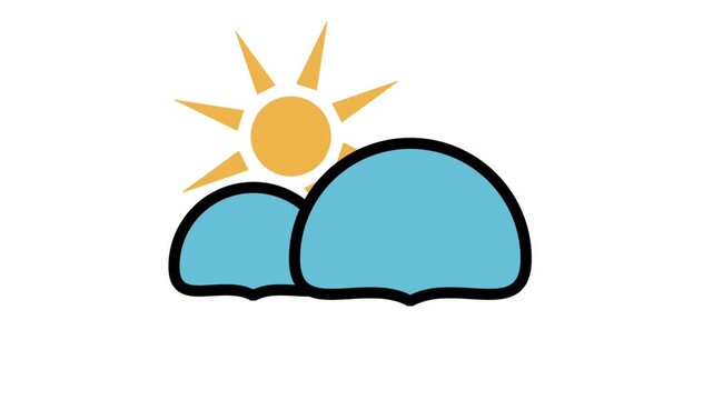 Animated sun and clouds weather icon. Ideal for meteorology forecast, sunny sky, climate reports, and outdoor activity planning footage.