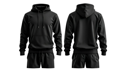 Front & back of a black hooded sweatshirt & shorts mock-up, sleek presentation