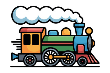 A colorful steam locomotive is depicted moving forward, emitting a plume of white smoke.