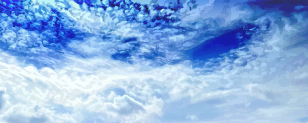 Realistic sky with fluffy white cloud formations - bright blue atmosphere, scattered cumulus in natural daylight scene for outdoor environment, weather backgrounds or landscape design elements.