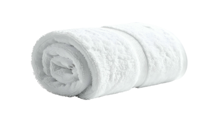 Rolled-up fluffy white towel, cleanly arranged and isolated on a black background