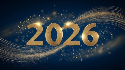 Celebration of the new year 2026 with golden numbers and sparkling effects on a dark blue background