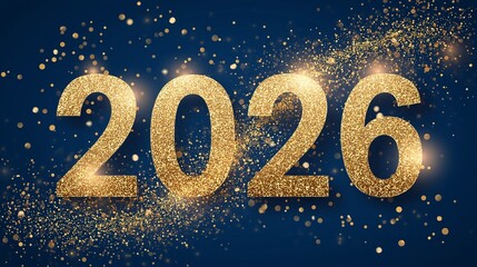 Celebration of the new year 2026 with bright golden numbers and sparkles in a dark background