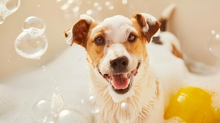  A playful dog enjoying a bubble bath, surrounded by foam and bubbles in a lighthearted moment