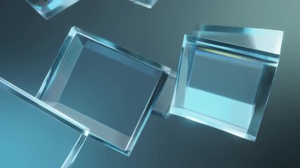 Glass cubes float in mid-air with reflective surfaces on dark gradient background