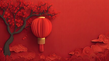 Paper cut style lantern street lunar new year background
