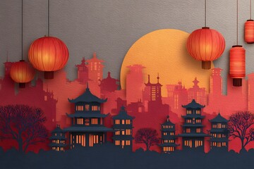 Traditional paper cut city background festive lanterns