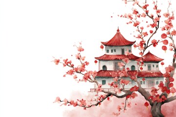 Soft watercolor temple scene lunar new year background