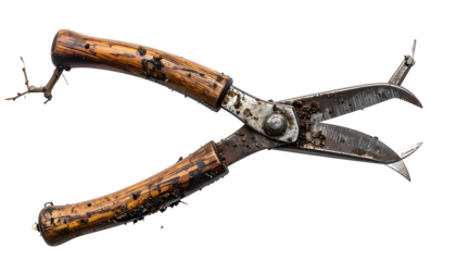 Aged, rusty pruning shears with wooden handles, used and weathered, isolated on black