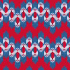 Ethnic ikat blue red dye yarns weaving seamless pattern. Vector hand drawn craftsmanship embroidery bohemian, abstract square geographic art fabric ikat textile material design for clothing wallpaper