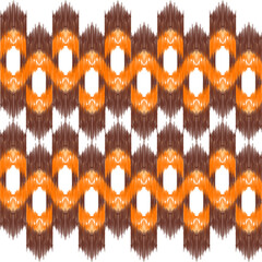 Ethnic ikat  orange and brown dye yarns weaving seamless pattern. Vector hand drawn craftsmanship embroidery bohemian, abstract square geographic art fabric ikat textile material design for clothing 