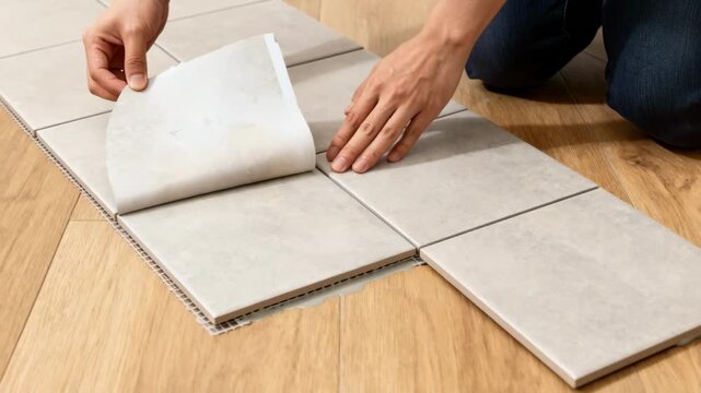 Medium shot of hands peeling selfadhesive tile backing showcasing the simple installation process for effortless home flooring updates.