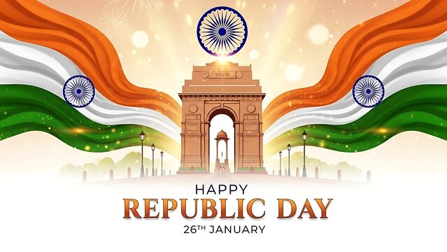 Vibrant India Republic Day Celebration Iconic India Gate with Waving Indian Flag Colors  Ashoka Chakra Patriotic National Event Background Delhi India