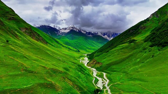 A time-lapse video of Mount Shkhara in the Caucasus, as seen from the village of Ushguli in the Upper Svaneti region.