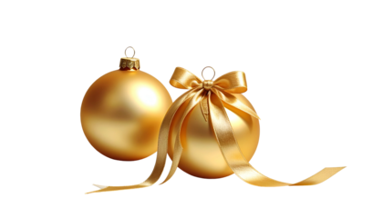 Two gold ornaments, one tied with a satin ribbon, against a black background