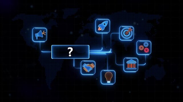 Business Strategy Connected to Question Mark on Map Background neon flowchart