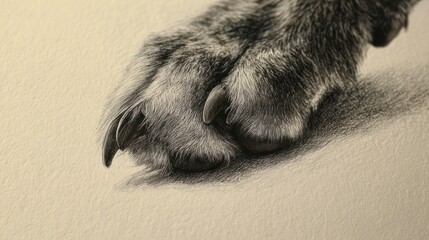 Realistic detailed artwork of a furry paw showing claws in a graphite monochrome close-up