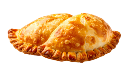 Two golden-brown, baked, savory pastries, with crimped edges, on a transparent background
