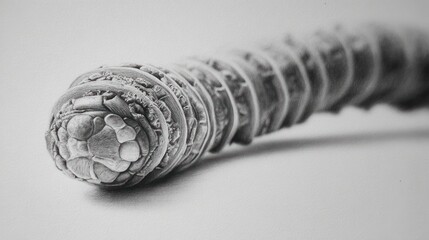 A close-up black and white image of a sculpture resembling a segmented serpent's head