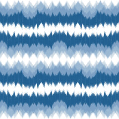 Ethnic ikat blue dye yarns weaving seamless pattern. Vector hand drawn craftsmanship embroidery bohemian, abstract square geographic art fabric ikat textile material design for clothing wallpaper