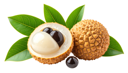 Close-up of lychees, one cut open, revealing translucent flesh and dark seeds with green leaves