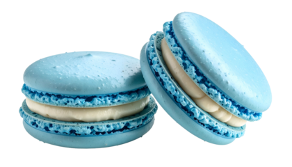 Two light blue French sandwich cookies, white filling, on a transparent background