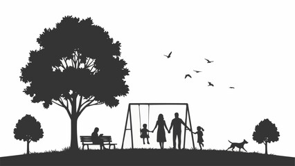 Family enjoying a day at the park with a swing set and dog.