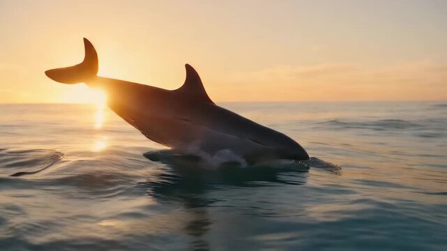 Silhouette of a dolphin jumping out of the ocean during a golden sunset. Marine mammal leaping and breaching the water surface against the sun. Wildlife nature concept