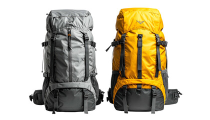 Two large, rugged backpacks, one gray and one yellow, against a black background