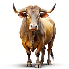 Powerful dark brown bull with large horns standing in profile against a white background